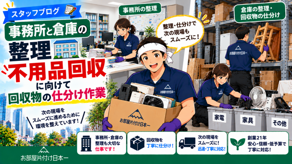 事務所と倉庫の整理 不用品回収に向けて回収物の仕分け作業