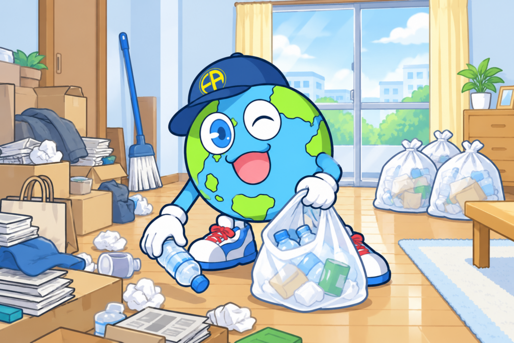 ごみを分別して片付けるアース君のイラスト